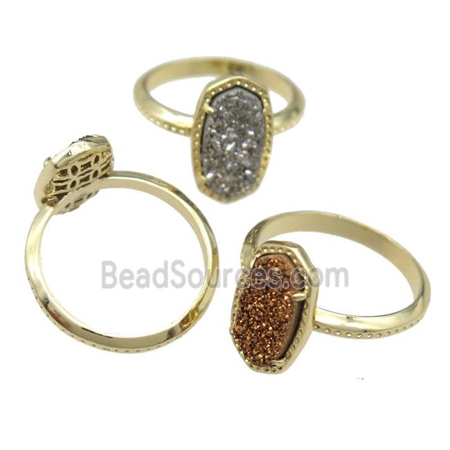 copper Rings with Quartz Druzy, mixed, gold plated