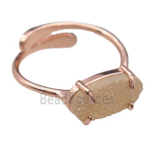 copper Rings with champagne Quartz Druzy, resizable, rose gold