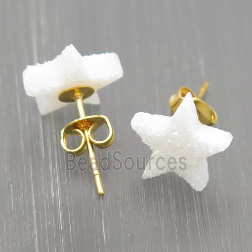 white Star Quartz Druzy Stud Earrings, gold plated