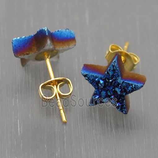 blue Quartz Druzy Star Stud Earrings