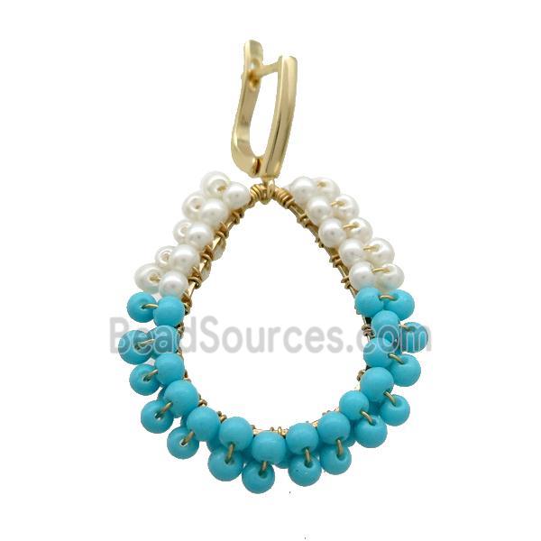 White Blue Pearlized Glass Copper Latchback Earring Gold Plated