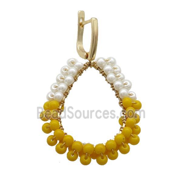 White Yellow Pearlized Glass Copper Latchback Earring Gold Plated