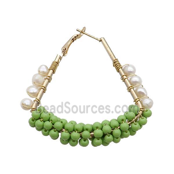 Green Pearlized Glass Copper Latchback Earring White Pearl Gold Plated