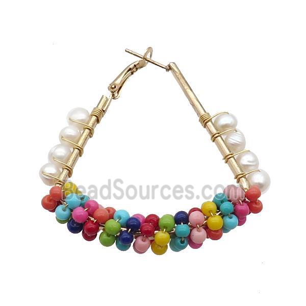 Multicolor Pearlized Glass Copper Latchback Earring White Pearl Gold Plated