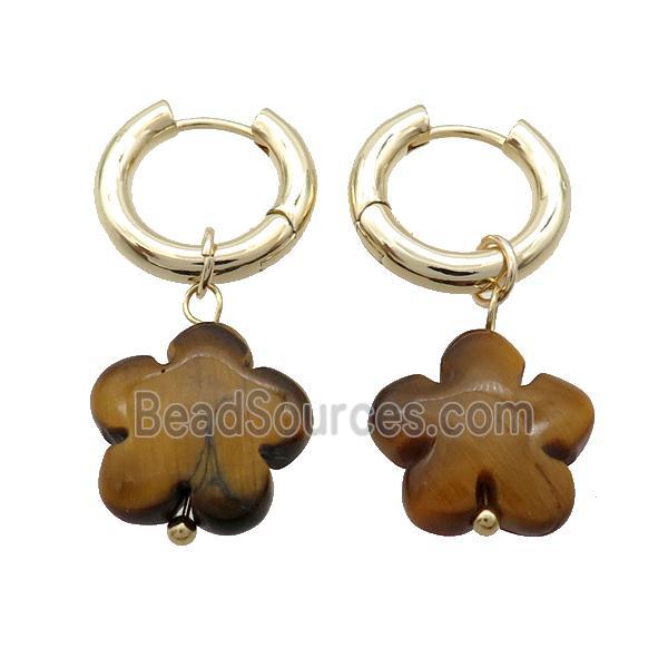 Tiger Eye Stone Flower Copper Hoop Earring Gold Plated