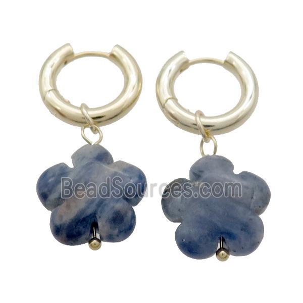 Blue Dalmatian Jasper Flower Copper Hoop Earring Gold Plated