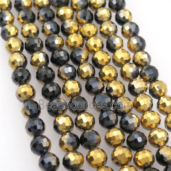 black Chinese Crystal Glass Beads, faceted round, half gold plated