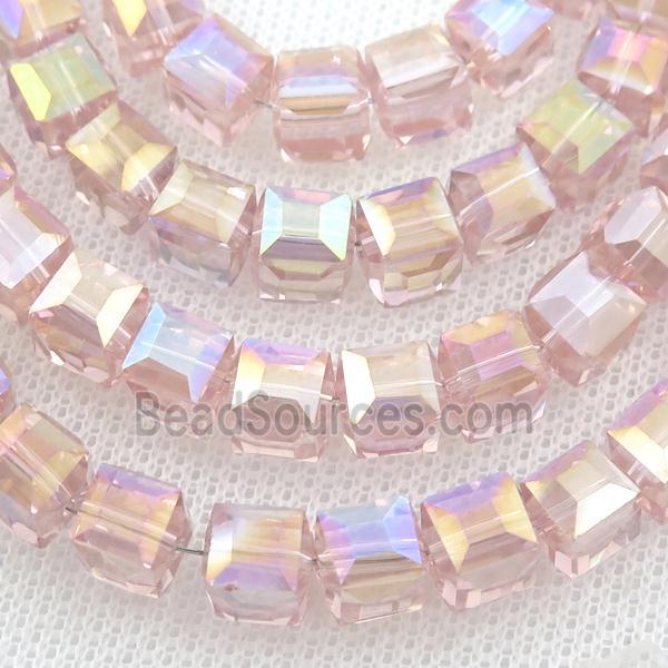 Chinese Crystal Glass Beads, faceted cube, pink AB-color