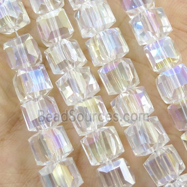 Chinese Crystal Glass Beads, faceted cube, clear AB-color