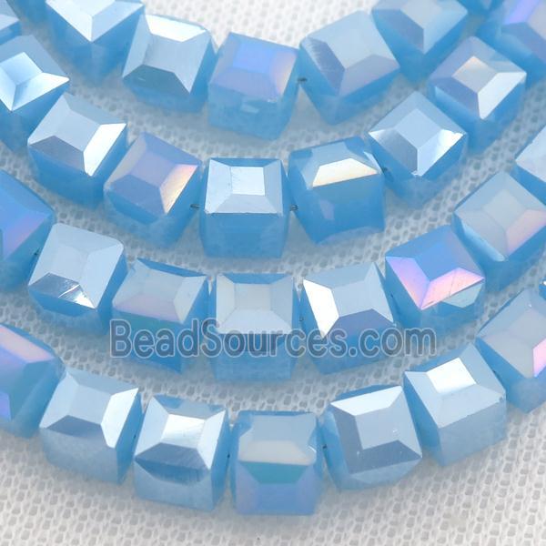 Jadeite Glass Beads, faceted cube, blue AB-color