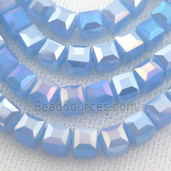 Jadeite Glass Beads, faceted cube, blue AB-color