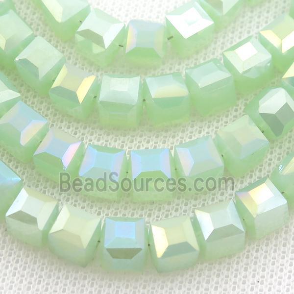 Jadeite Glass Beads, faceted cube, green AB-color