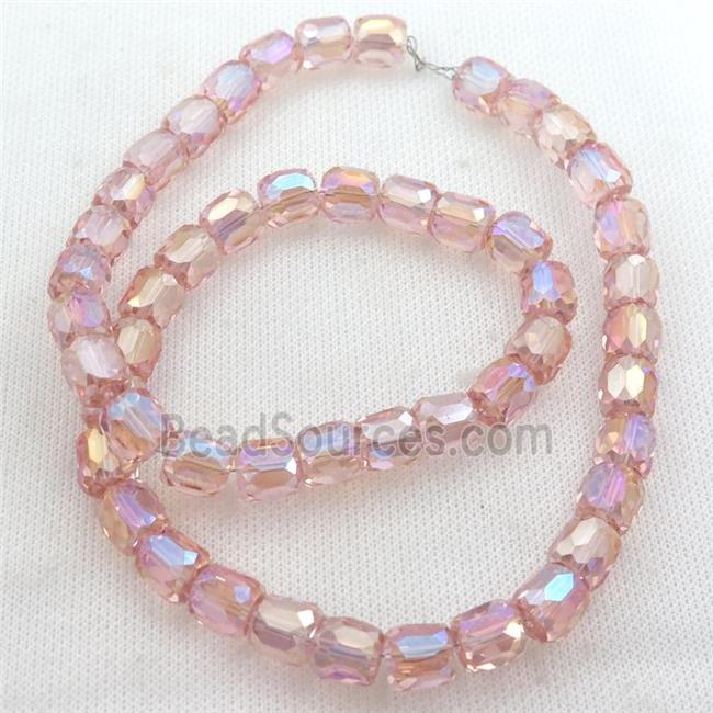 Crystal Glass Beads, faceted barrel, pink AB-color