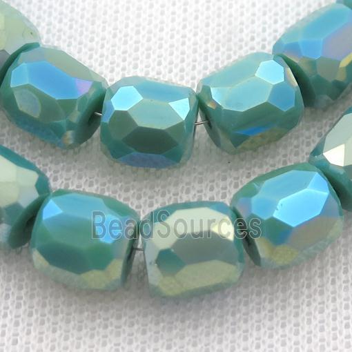 green Jadeite Glass Beads, faceted barrel