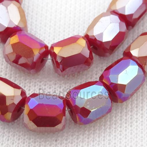 red Jadeite Glass Beads, faceted barrel