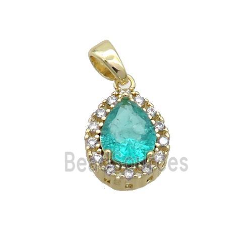 Copper Teardrop Pendant Pave Green Crystal Glass Gold Plated