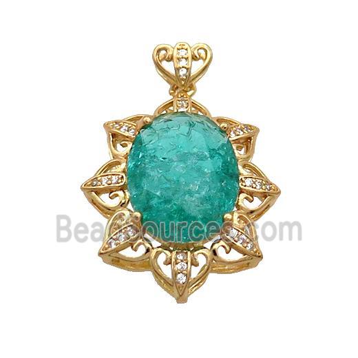 Copper Flower Pendant Pave Green Crystal Glass Gold Plated