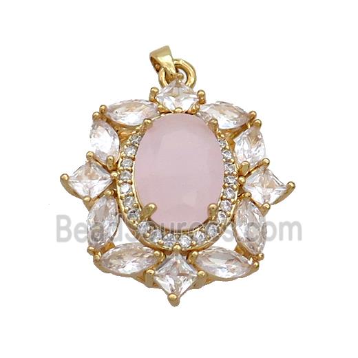 Copper Flower Pendant Pave Pink Crystal Glass Gold Plated