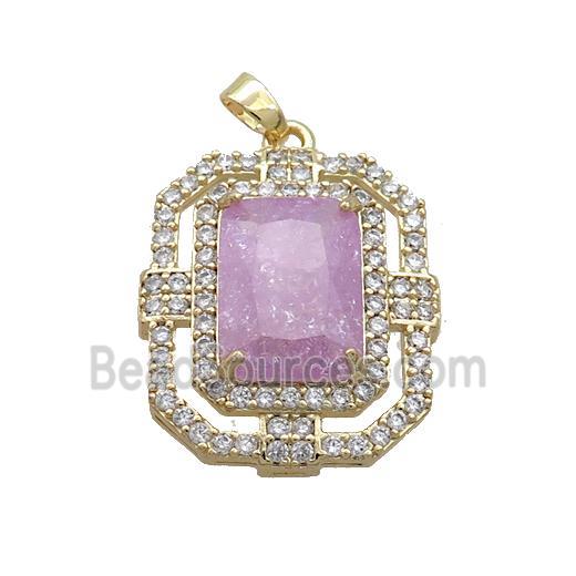 Copper Rectangle Pendant Pave PInk Crystal Glass Gold Plated