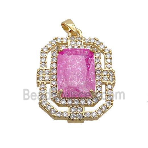 Copper Rectangle Pendant Pave Hotpink Crystal Glass Gold Plated