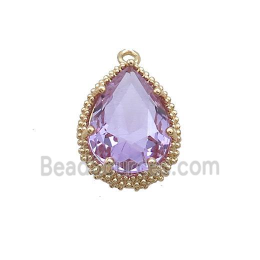 Copper Teardrop Pendant Pave Purple Crystal Glass Gold Plated