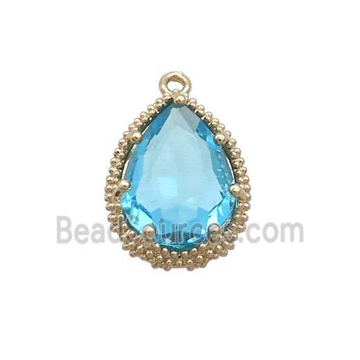 Copper Teardrop Pendant Pave Aqua Crystal Glass Gold Plated