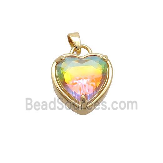 Copper Heart Pendant Pave Rainbow Crystal Glass Gold Plated