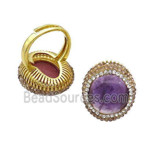 Amethyst Ring Pave Rhinestone Adjustable Gold Plated