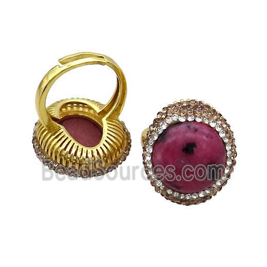 Rhodonite Ring Pave Rhinestone Adjustable Gold Plated