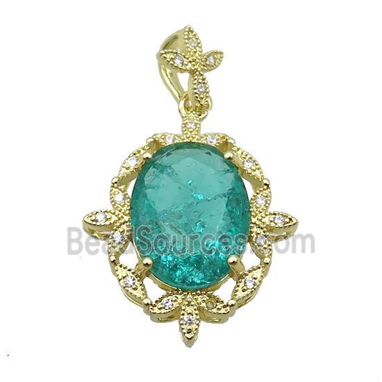 Copper Pendant Pave Green Crystal Glass Oval Gold Plated