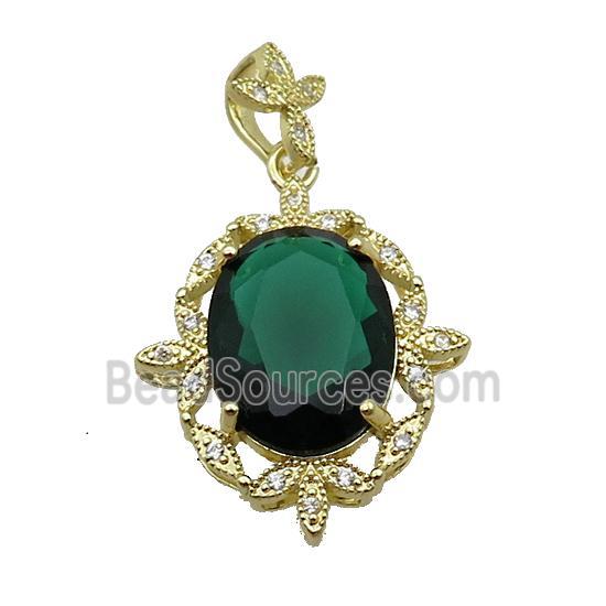 Copper Pendant Pave Darkgreen Crystal Glass Oval Gold Plated