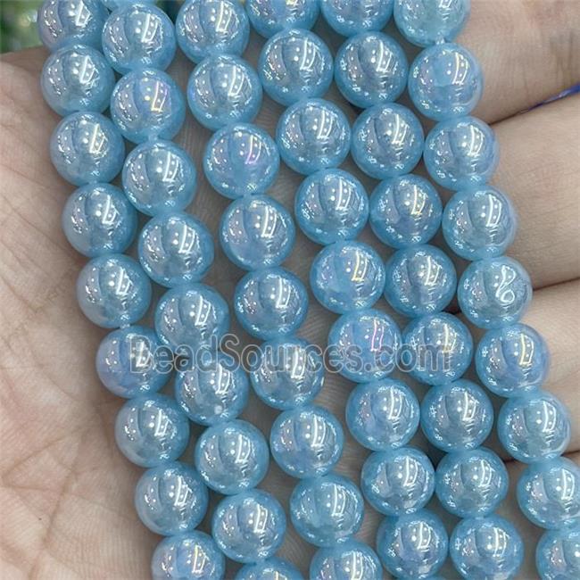 Blue Jadeite Glass Beads Smooth Round Electroplated