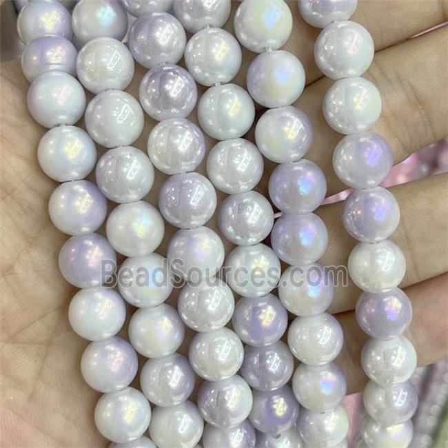 Jadeite Glass Beads Smooth Round Electroplated