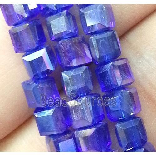 Chinese crystal glass bead, faceted cube, blue AB color