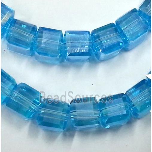 Chinese crystal glass bead, faceted cube, blue