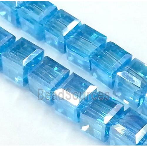 Chinese crystal glass bead, faceted cube, blue