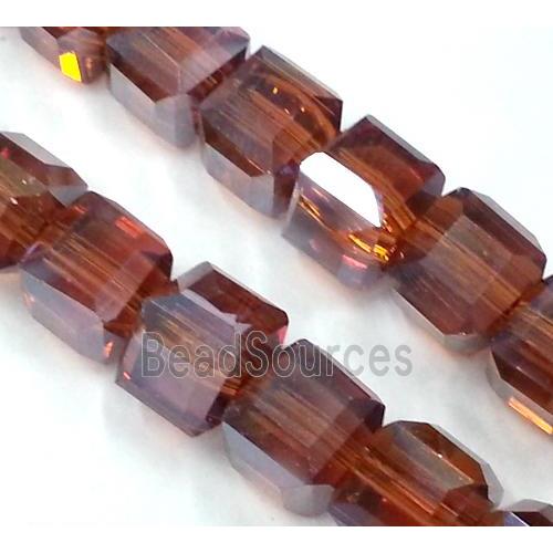 Chinese crystal glass bead, faceted cube, deep coffee