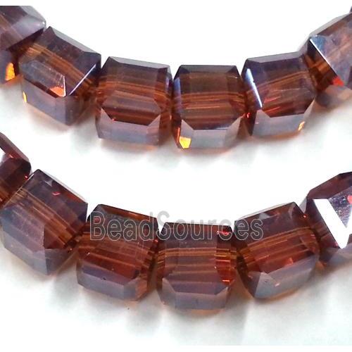 Chinese crystal glass bead, faceted cube, deep coffee