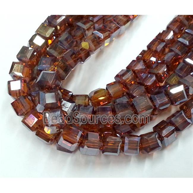 Chinese crystal glass bead, faceted cube, deep coffee