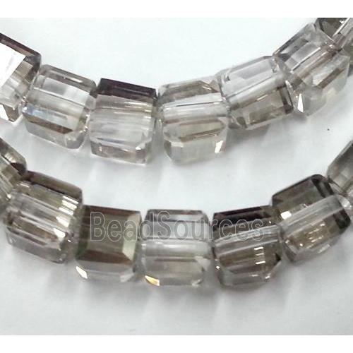 Chinese crystal glass bead, faceted cube, grey and half silver plated