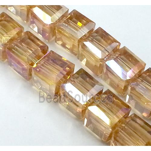 Chinese crystal glass bead, faceted cube, gold champagne