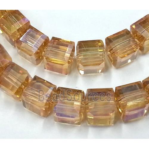 Chinese crystal glass bead, faceted cube, gold champagne