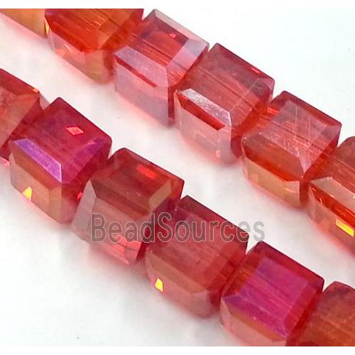 Chinese crystal glass bead, faceted cube, red AB color