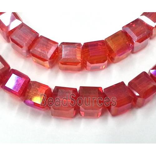 Chinese crystal glass bead, faceted cube, red AB color