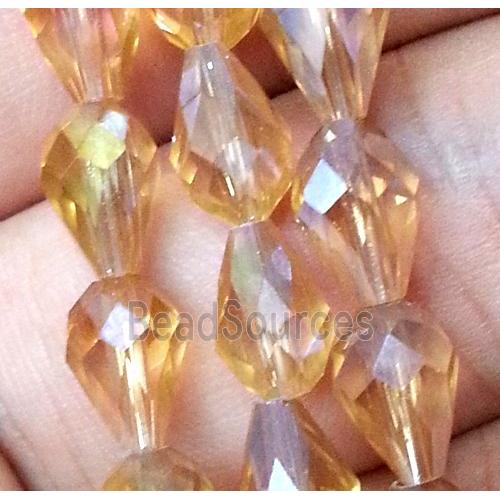 Chinese crystal glass bead, faceted teardrop, gold champagne AB color