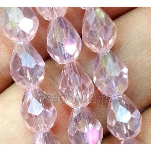 Chinese crystal glass bead, faceted teardrop, pink AB color