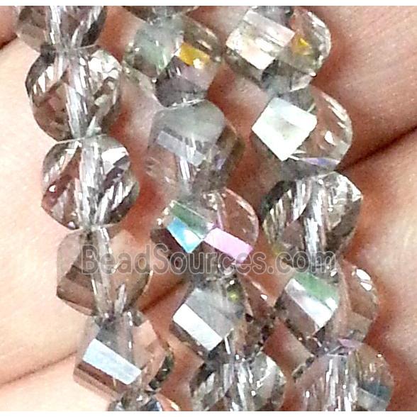 Chinese crystal glass bead, swiring cut, grey and half silver plated