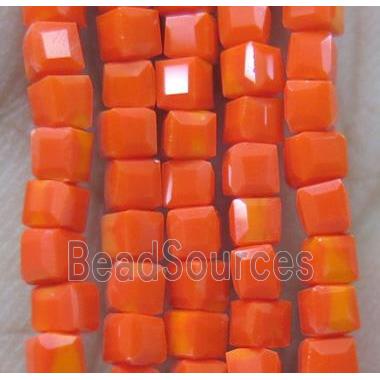 chinese crystal glass bead, faceted cube, orange