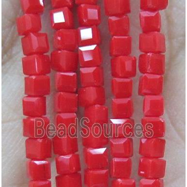 chinese crystal glass bead, faceted cube, red