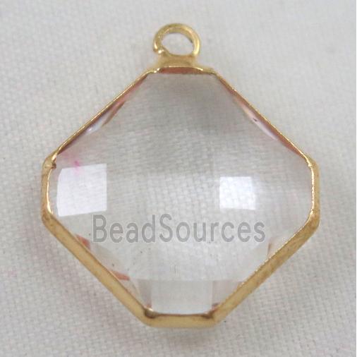 clear Chinese crystal glass pendant, faceted square, gold plated